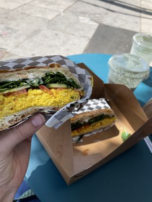 Breakfast sandwich, normally served on a croissant, but the ciabatta was also 🤤  at Glowing Plant Based Eatery in Los Angeles