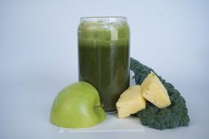 Glowing Juice made from apple, pineapple, cucumber, chard, kale, aloe, and buckthorn at Glowing Plant Based Eatery in Los Angeles