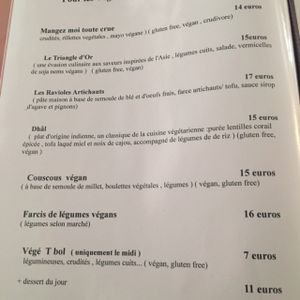 veggie section of the menu at Paprika Restaurant in Corsica
