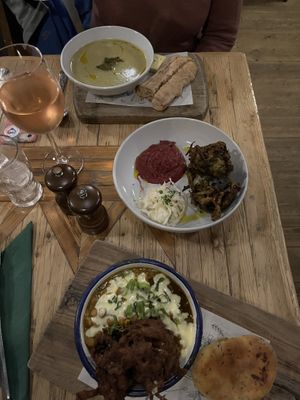 From top: leek & potato soup, wild garlic fritters, butterfly pea dal + celeriac stuffed naan  at The Crown in Hastings