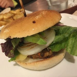 Basil pesto avocado burger with fries at Huggers - 허거스 in Seoul