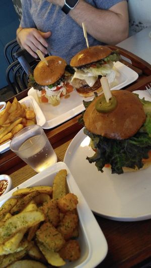 Jalepeno burger, tofu chili burger and chicken burger w/ fries at Huggers - 허거스 in Seoul