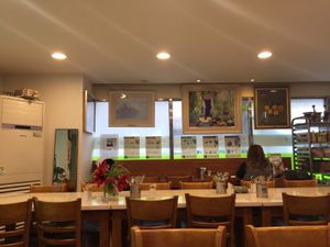 The restaurant is cosy and bright. There is a section for solo eaters.  at Veg Green in Seoul