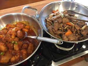 The "meat" section. Some chili "chicken" and "beef" next to it. The soy "beef" tasted fantastic. They make their own "beef" and you can buy a packet of it for very cheap.  at Veg Green in Seoul