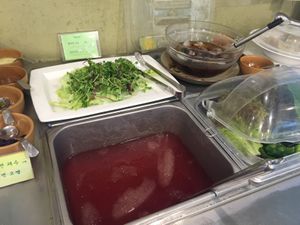 Salad greens. In the forefront is the "mul" for the naengmyon.  at Veg Green in Seoul