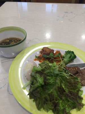 My first serving. I put some salad greens and put the "chicken" and "beef" on the plate. Delicious from the first bite.  at Veg Green in Seoul