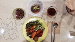 Rice, buckwheat noodle, ice Tea at Veg Green in Seoul