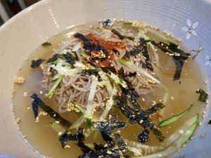 Cold Buckwheat Noodles in a veggie broth. Ask for no egg at MeMilGongBang - Gangnam - 메밀공방 강남역점 in Seoul