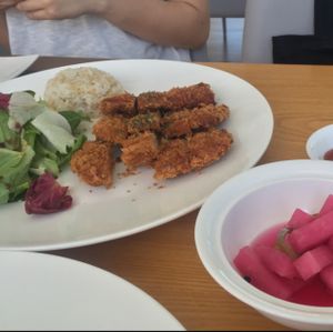 bean cutlet and banchans  at Vegenarang in Busan