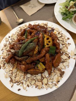 Bean protein with lotus root, mushrooms, vegetables  #Veganuary at Vegenarang in Busan