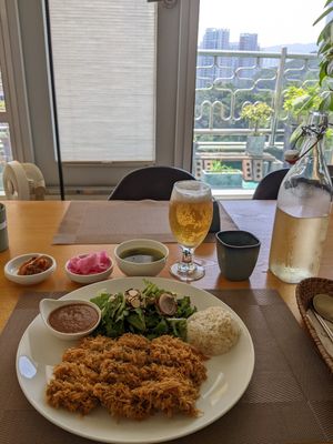 Bean cutlet and rice at Vegenarang in Busan