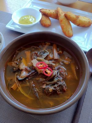 Yukgaejang, Korean spicy soup  at Vegenarang in Busan