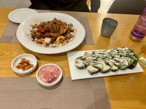 Avocado roll (kind of sweet which I didn’t care for but my partner loved) and bean cutlets which were our favorite !  at Vegenarang in Busan