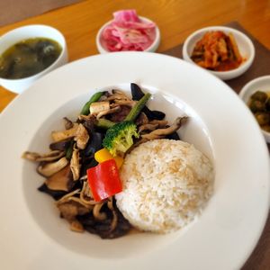 Rice with mushroom and bean protein 11500 wones=7.8E€ at Vegenarang in Busan