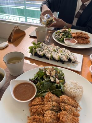 We ordered avocado roll and black bean cutlet. Everything was delicious. The portions are a bit too much, so I recommend sharing the plate, as it will be perfect for two.  at Vegenarang in Busan
