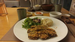 - 'Pork' cutlet with rice
- Jjigae
- Korean sides at Vegenarang in Busan