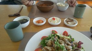 - 'Hangover' soup
- 'Chicken' 
- Korean sides at Vegenarang in Busan