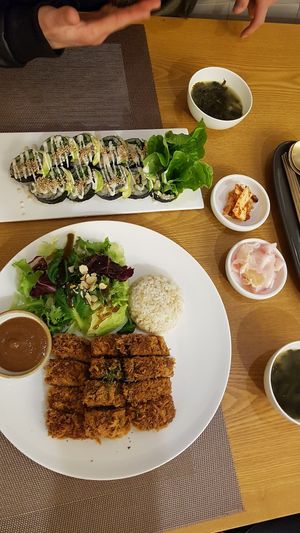 Bean cutlets and avo rolls at Vegenarang in Busan