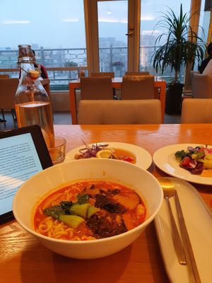 My set course included jjamppong, tangsuyuk, salad, and side dishes. One side dish was tasty! Everything else wasn't very good. 
Nice view. at Vegenarang in Busan