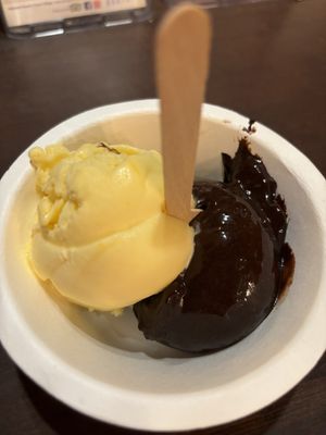 Vegan dark chocolate (WOW) and mandarin sorbetto.  at Gelato Lab in Siem Reap