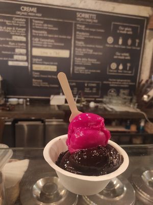 Large cup size - 2 chocolate balls + 1 dragon fruit ball at Gelato Lab in Siem Reap