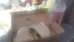 Vegan brie and mushroom ciabatta, berry coconut and lemon zest smoothie at Onyx by Chrissy's Organics in Traralgon