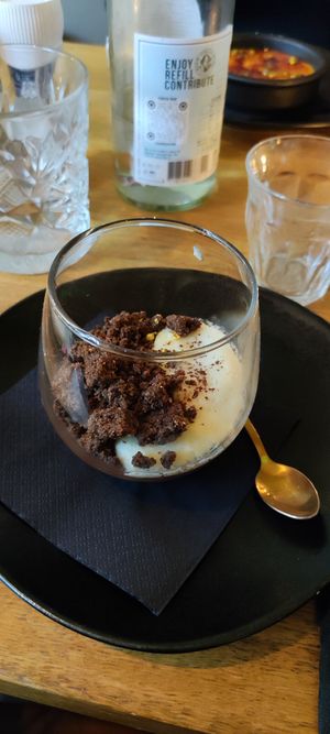 Chocolate Cappuccino dark chocolate and coffee mousse with white chocolate top and coffee bean and hazelnut crunch at Meatless District - Da Costabuurt in Amsterdam