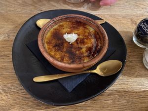 Rhubarb creme brulee: quite nice, but too strong coconut taste and no rhubarb. at Meatless District - Da Costabuurt in Amsterdam
