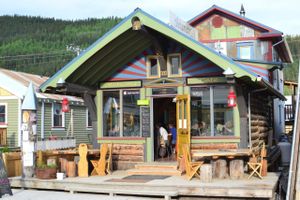 outside at Alchemy Cafe in Dawson City