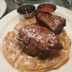 seitan and waffles with hot sauce at Sticky Fingers Diner in Washington