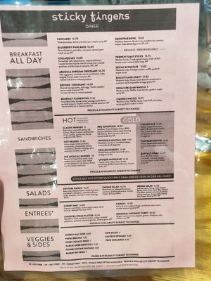 Menu at Sticky Fingers Diner in Washington