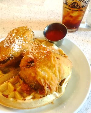 Southern fried seitan and waffles, hot sauce and sweet syrup 🤤 at Sticky Fingers Diner in Washington