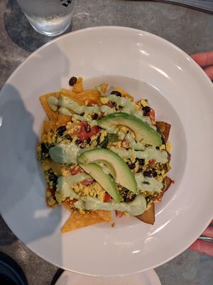 Chilaquiles with both chips and roasted potatoes at Sticky Fingers Diner in Washington