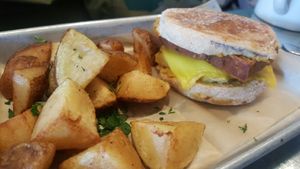 Breakfast sandwich - homemade sausage, lots of cheese (tasted like Chao original) & a little Just Egg (would have liked more) at Sticky Fingers Diner in Washington