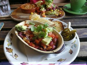 Foreground: Mexican Beans. Background: Zucchini Fritters  at Grace in Fitzroy