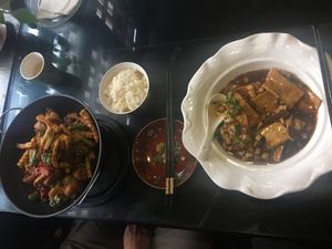 Spicy Seitan and Tofu with mushrooms at A Lotus on the Water in Tibet