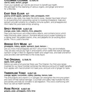 fresh juice menu at Bula Kava House in Portland