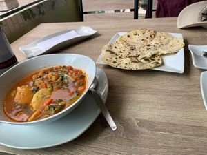 Vegetable soup and chapatis   at Sattva by Govinda in Aguas Calientes