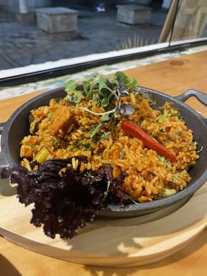 Paella Spanish vegan (I will dream of this dish, so simple yet so flavorful and delicious)  at Sattva by Govinda in Aguas Calientes