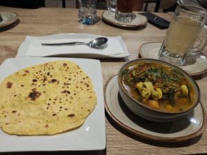 Dhal soup with a chapati and a ginger tea at Sattva by Govinda in Aguas Calientes