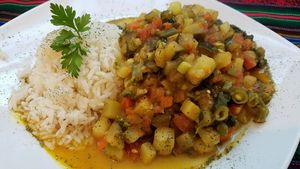 maha brinjal subji vegan 38sol at Sattva by Govinda in Aguas Calientes