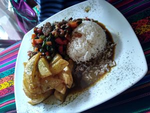 Stir fry veg and meat with tomato at Sattva by Govinda in Aguas Calientes