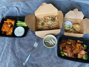 Buffalo wings, Tom Yum Rice, Scallion Pancakes, Miso Soup, Orange Seitan.  at Bayberry Vegan Cafe in Woburn