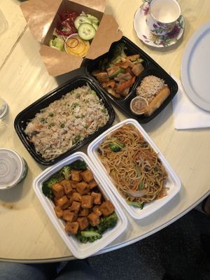 Vegetable lo mein, sautéed tofu and veg lunch special, general tso’s tofu (fried rice was from a different restaurant)  at Bayberry Vegan Cafe in Woburn