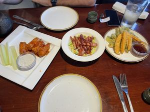 Buffalo drummies, bbq ribs, and tempura veggies   at Bayberry Vegan Cafe in Woburn