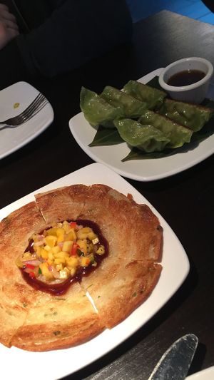 Scallion pancakes and dumplings  at Bayberry Vegan Cafe in Woburn