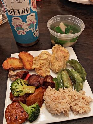 Takeout! Spinach wonton soup, tofu nuggets, soy protein nuggets, seitan skewers, veg dumplings and general Tso soy protein! at Bayberry Vegan Cafe in Woburn