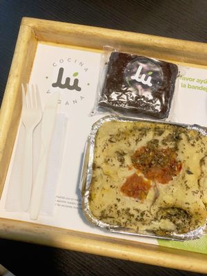 Champignon Lasagne and brownie  at Lu Cocina Vegana in Bogota