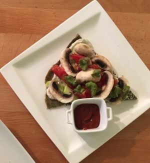 lunch for two 
Lasagna with slices of zucchini and with walnut meat, olive pate, pesto basil, tomato salsa, cashew mayo
Pizza dehydrated dough and fresh vegetables and tomato sos at Bistraw Zdravo Zivo in Skopje