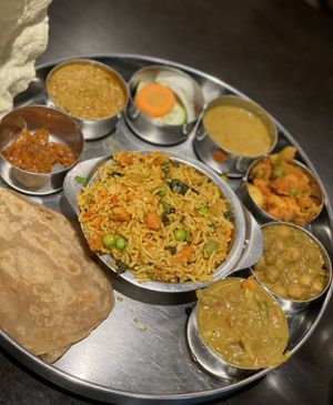 Rice with different curries - vegan  at Saravana Bhavan in Amsterdam
